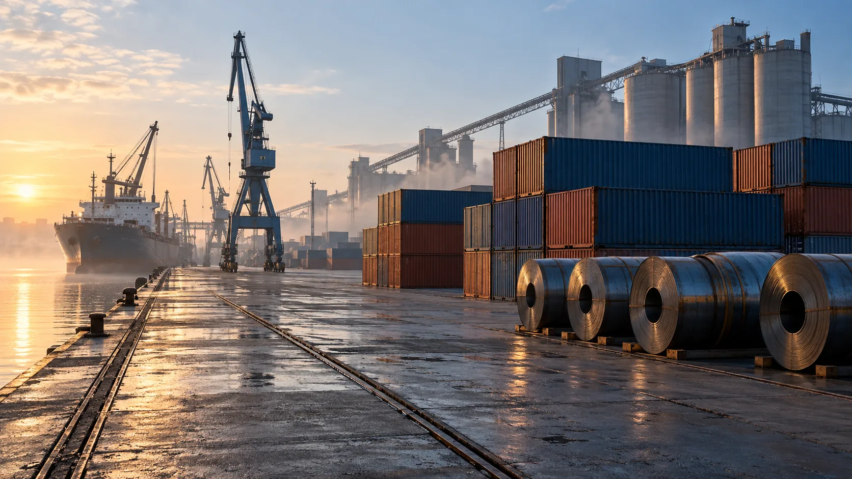 Quai portuaire avec conteneurs et stockage d’acier.
