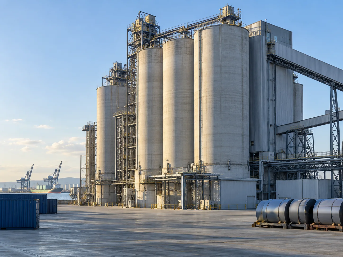 Silos et zone logistique dans la lumière du matin.